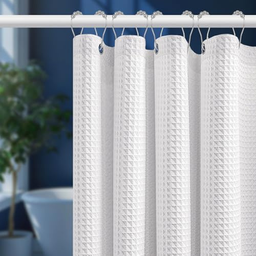 Uniclife White Shower Curtain, 180 x 180 cm Waffle Weave Fabric Shower Curtains for Bathroom, Waterproof Polyester Bathroom Curtain with 12 Rust-Resistant Grommets & Weighted Hem for Bathtub