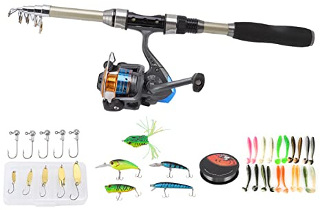 Bonbela Set di canne da pesca in carbonio, portatile, durevole, con mulinelli da pesca, esche per principianti e professionisti