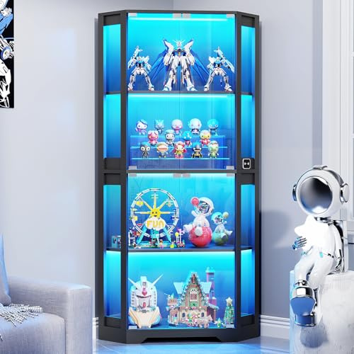 BROTTAR Vitrine d'angle pour Collection avec Portes en Verre, 65 Vitrine en Verre Éclairée avec 3 Couleurs De Lumières LED, Meuble Vitrine À 4 Niveaux avec Capteur De Présence, Noir