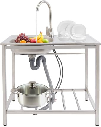 1 lavabo 75x40x78cm fregadero independiente para exteriores, lavabo de acero inoxidable con banco de trabajo y estante de almacenamiento, grifos de agua fría y caliente, capacidad de carga de 40kg