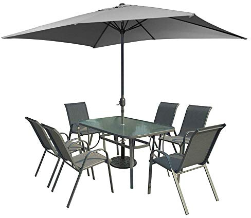 XONE Set da Esterno Grigio con ombrellone, Tavolo e 6 sedie in Acciaio e textilene 2x1 | Set Giardino con ombrellone 2x3 in Poliestere