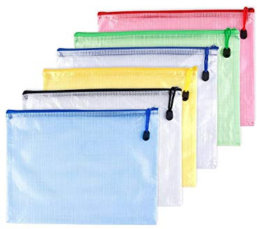 6pcs Chemise Paquet Portefeuille Pochette en PVC Zip Document Dossier/PVC School Office Magazine Document File Zippy Closure Folder Holder Bag-Noir,Bleu,Blanc,Juane,Vert,Rouge-B5