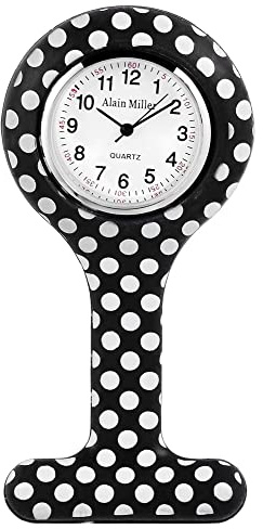 Alain Miller Schwesternuhr Weiß Schwarz Punkte Analog Quarz Metall Silikon Krankenschwester Ansteckuhr