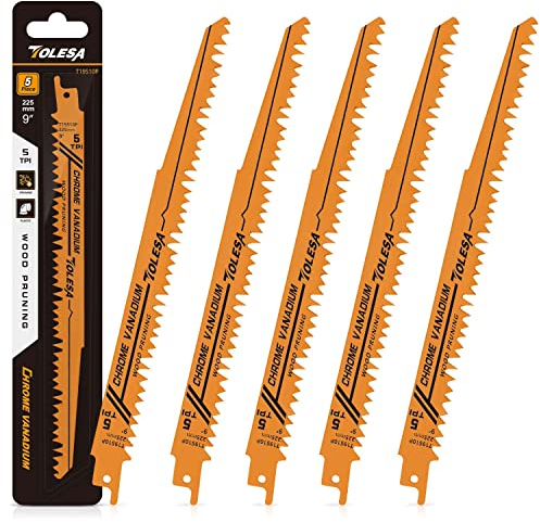 TOLESA Hojas de Sierra de Sable para Poda de Madera 225mm 5 TPI Hojas de Sierra de Sable para Construcción de Madera Verde y Corte de Tubos de PVC CRV Dientes Afilados Rectificados para Corte