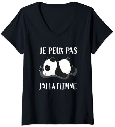 Femme Chemise de Nuit - Je Peux Pas J'ai La Flemme - Mignon Panda T-Shirt avec Col en V