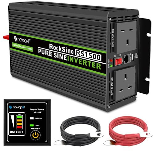 NOVOPAL 1500W Power Inverter Pure Sine Wave 24V DC to 240V AC Converter with 2 UK Outlets and 1 USB,16.4FT Remote Control,2 Cooling Fans for Truck,RV,Boat,Camping,Home