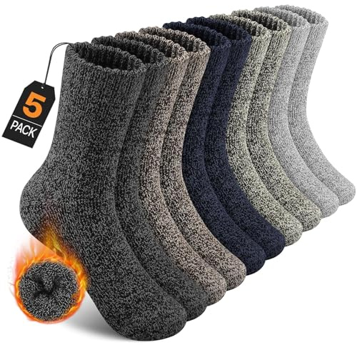 UUMIAER 5 Pairs Merino Wool Socks for Men, Thermal Wool Hiking Socks Supper Thick Winter Crew Socks (US Size 7-13)