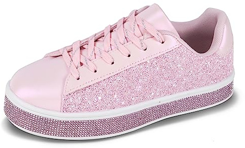 UUBARIS Women's Glitter Tennis Sneakers Neon Dressy Sparkly Sneakers Rhinestone Bling Wedding Bridal Shoes Shiny Sequin Shoes NewPink Size 10