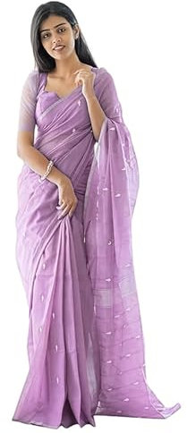 Laavaan Damen Karierter Baumwoll-Seiden-Saree mit ungenähtem Blusenteil (Diwali Special), lavendel, One size