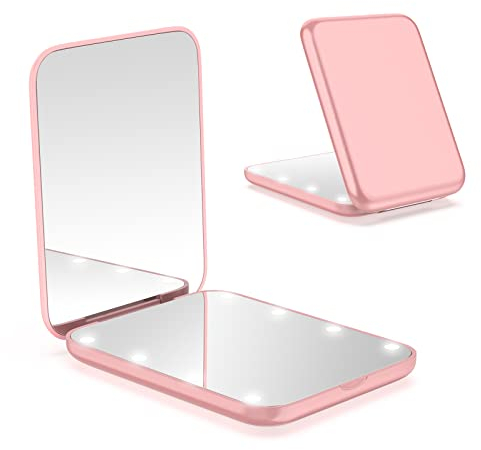 WOBSION Specchio Portatile con Luce LED per Viaggio,Pieghevole Specchietto da Borsetta di 1x/3x Ingranditore,Piccolo Mirror per Trucco con Interruttore Magnetico,a Regalo,Oro Rosa