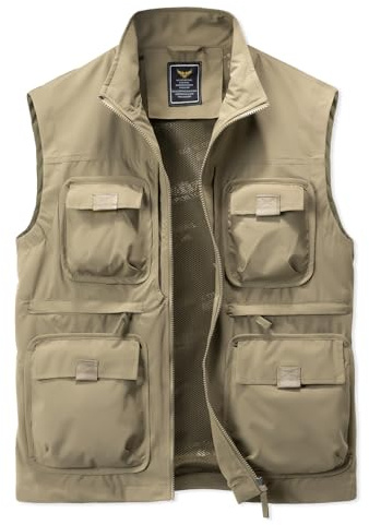 Harbrosrce fiskeväst för män användbarhet ärmlös jacka ytterkläder västar snabbtorkande flera fickor väst för arbete safari fotografi vandring, Khaki, 3XL