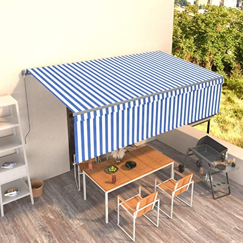 ShCuShan Tenda Sole Retrattile Manuale con Parasole 5x3m Blu e Bianco,Tenda da Sole per Esterno Avvolgibile,Tenda da Sole a Bracci Estensibili con Telaio in Alluminio, Tettuccio Resistente al Sole e I