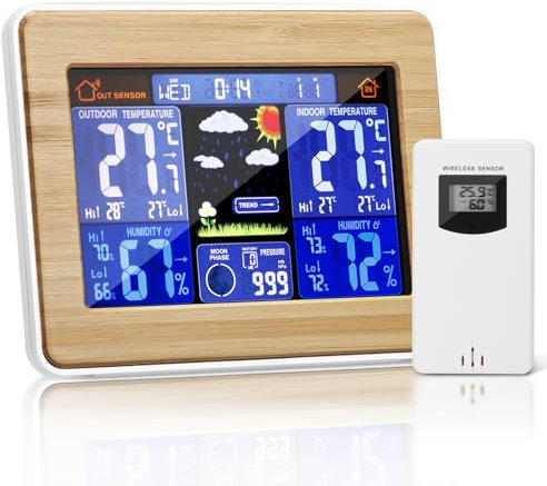 Deepboom Stazione meteo senza fili, stazione meteo per interni esterni senza fili, termometro interno con sensore LED schermo retroilluminato orologio digitale allarme visualizzazione ora data giorno