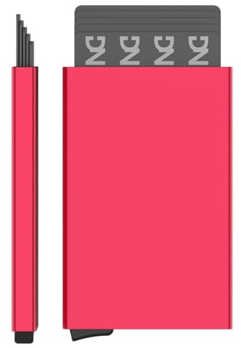 DarNova Porta Tarjetas Metal Protección RFID - Tarjetero automatico Aluminio Resistente Hombre y Mujer Cartera Minimalista para Tarjetas, DNI y Documentos - Diseño Elegante (Rojo)