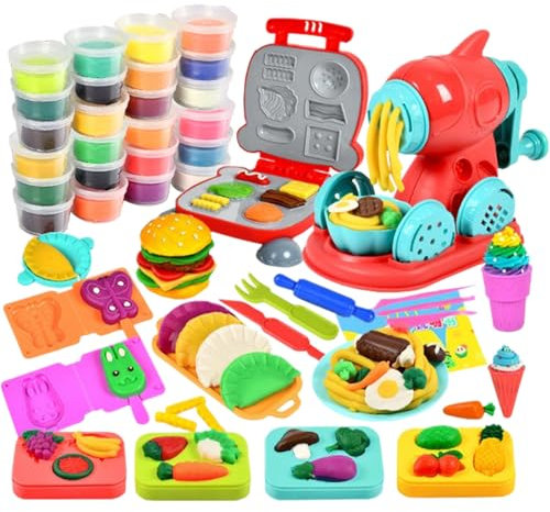 OTONOPI Dough Play Set 51pcs Kitchen Creations with 24pcs of Colour Dough 2 in 1 Noodle Hamburger Making Machine Dough Tools and Cutters Play Food Toys Modelling Dough Set for Kids