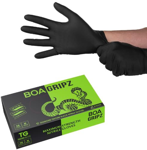 TG TOUGH GLOVE BOA Gripz (L) Nitrile Gloves (Pack Of 50) | Strong Black Disposable Gloves | Diamond Textured | Powder & Latex Free Strong Midweight Mechanic Industrial Glove