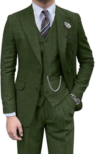 TSxuelian Abito da Uomo in 3 Pezzi Tweed a Spina di Pesce, Vestibilità Aderente, Completo da Sposo per Testimone, Set Smoking, Giacca, Blazer, Gilet, Pantaloni per Uomo, Verde, M