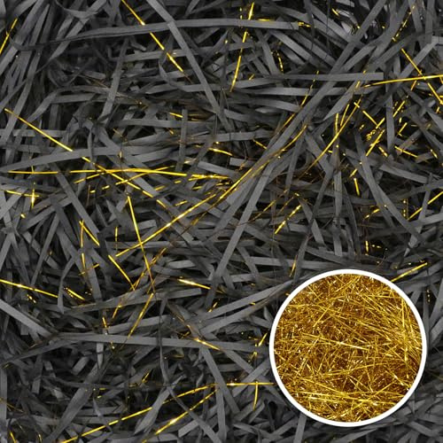 HMJIA Fyllningsmaterial gåva 200 g strimlat papper för fyllningsmaterial presentförpackning för fest förpackningsmaterial fyllningsmaterial för presentförpackning dekoration (svart guld)