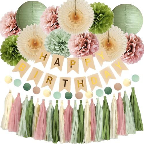 Decorazioni di Compleanno in Verde Oliva e Rosa Salvia con Pompon Boho e Ghirlanda di Nappe
