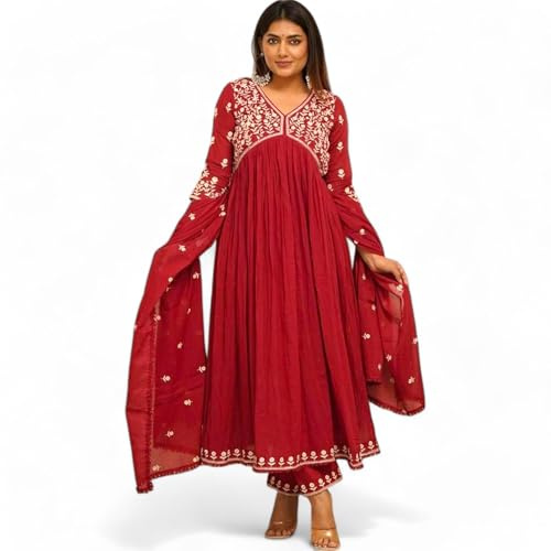 RangMahal Kurta ethnique traditionnel avec pantalon et dupatta pour femme, Rouge, 3X-Large