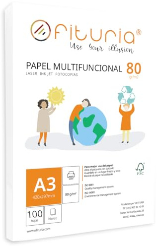 OFITURIA Confezione di fogli A3 da 80 g con 100 fogli bianchi, carta multifunzione per scuola e ambienti di lavoro. Ideale per stampanti laser (100 fogli)