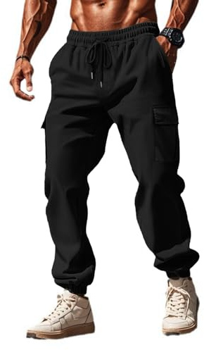 Halfword Pantalon Cargo Homme Pantalon de Travail Homme Baggy Slim Fit Casual Pants Noir L