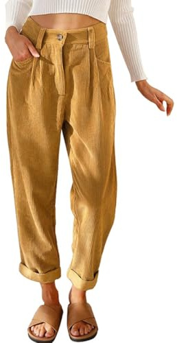 CheChury Femme Pantalon Velours Côtelé Élastique Taille Pantalon Décontracté Chic Pantalons avec Poche Bouton Zippé Jambe Droit Pants Automne Hiver,Marron,L