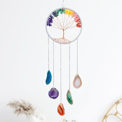 Albero della vita, acchiappasogni (16 cm), cristallo intrecciato a mano, arazzo 7 chakra, acchiappasogni, gemma naturale, agata Chakra, targa per decorazione da parete e idee regalo per camera da