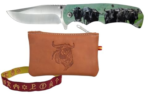Navaja Plegable 8,8 cm 3CR13MOV, Mango Madera 3D, Liner Lock, Flipper y Clip, Acabado Satinado, Set Regalo con Monedero de Piel y Pulsera, Diseñada en España (Toro 8.8)