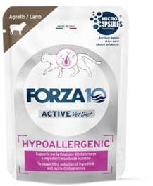 Forza 10 Umido Gatto HYPOALLERGENIC, alimento completo dietetico per gatti adulti di tutte le taglie e razze ipoallergenico gusto AGNELLO, for cats | 12 bustine da 80 grammi l'una.