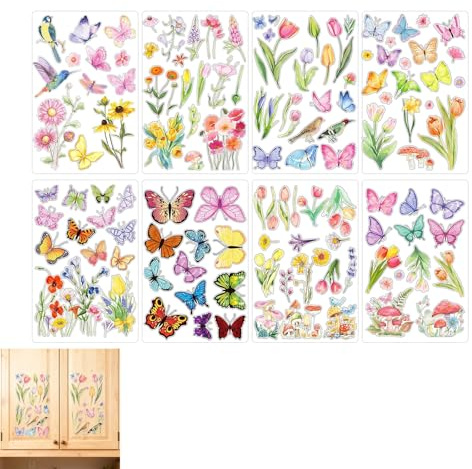 YIHAOH 8 fönsterbilder självhäftande, blomma fjäril fågel fönsterbilder sommar, vår fönsterklistermärken, återanvändbara självhäftande fönsterklistermärken för barnrum, vardagsrum