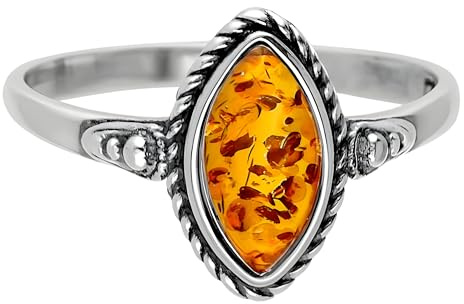 Designer Inspirations Boutique Vintage Rope-Edged Marquise Cut Honey Orange Amber Sterling Silver Ring With Ornate Shoulders for Women - Baltic Orange Amber Jewellery – Size O