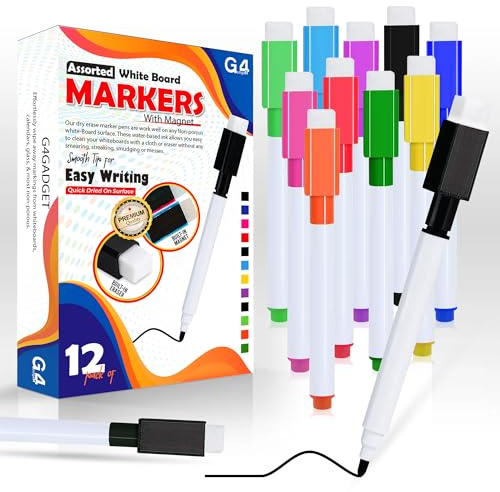 G4GADGET 12pcs Colourful Whiteboard Markers with Magnet & Eraser | Dry Wipe White Board Pens | Fine Tip, Low Odor, Non-Toxic Erasable Markers for Kids, Office, Classroom & Home Use