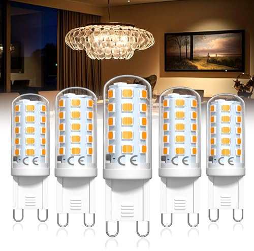 BrightWish bombillas LED G9 blanco cálido 2200K luz ámbar, 4W 300 lm equivalentes a halógena de 40W, no regulables, bombillas cápsula de bajo consumo para lámparas de araña, mesa y pie, paquete de 5