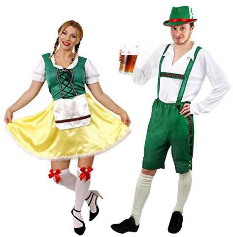 Couples Bavarian Costume - Beer Man Green Lederhosen with traditional White shirt and Hat - Coordinating Ladies Bavarian Beer Girl with Stockings Fancy Dress - Mens XL & Womens XL