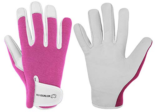WESTWOOD FOX WFX Guantes de jardinería de cuero para mujer y hombre, a prueba de espinas, guantes de trabajo para jardín, morado (Pink, L)