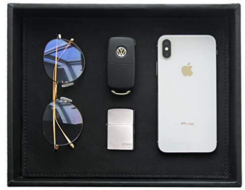 Vixdonos Valet Tray Nightstand Organizer Leather Catchall Tray for Perfume,Jewelry,Key and Remote on Counter or Dresser(Black)
