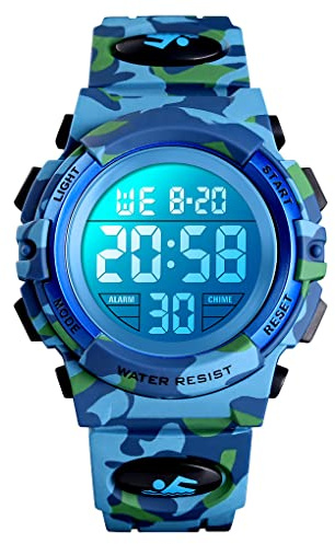 Dayllon Kids Digital Watch Boys Outdoor Sports 50M Waterproof Girls Watches Alarm Clock 12/24 H Stopwatch Calendar for Ages 3-15 Boy Girl Wristwatch Kids Gift,Camo Light Blue X