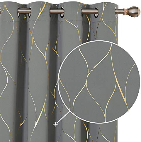 Deconovo Blackout Curtains, Ring Top Curtains, Window Treatment Thermal Insulated Curtains, Gold Wave Foil Printed Curtains for Bedroom, 46 x 54 Inch (Width x Length), Grey, One Pair