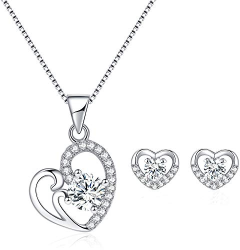 GULICX Silver Jewellery Sets for Women, 925 Sterling Silver Heart Stud Earrings & 45cm Pendant Necklace Set with 3A Cubic Zirconia, Allergy Free Birthday Wedding Party Jewellery Gift for Her Women