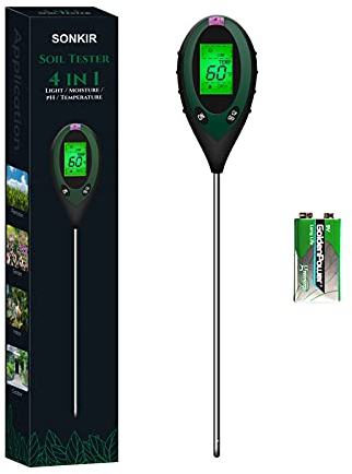 Sonkir Medidor de pH de Suelo, 4 en 1, medidor de Humedad/luz/pH/Temperatura del Suelo, Kits de Herramientas de jardinería para el Cuidado de Plantas, para jardín, césped, Batería incluida (Verde)