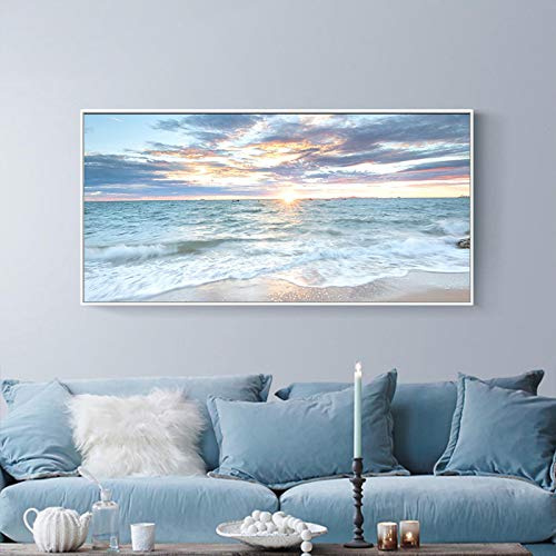 GEGEBIANHAOKAN Prints Wall Sunrise Coastal Blue Sea Landscape Picture Waves Canvas Painting Print Beach Wall Art Picture Home Decor-50x120cm No Frame