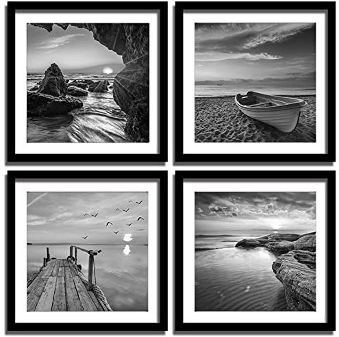 Black And White Wall Art - Sea And Beach In Sunrise Prints Wooden Framed 12x12 Inches Pictures Seascape Artwork 4PCS Boat Scenery Card Paper Paintings Decorations for Bedroom Living Room Kitchen Decor
