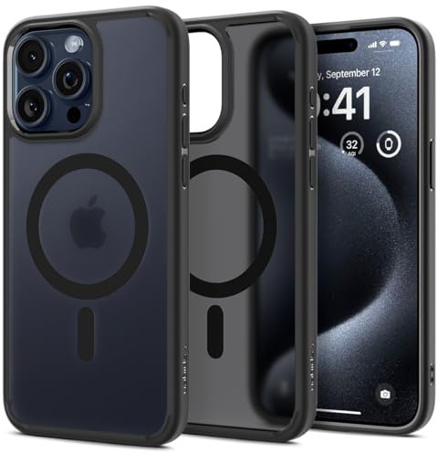Spigen für iPhone 15 Pro Max Ultra Hybrid Frost MagFit Hülle [Anti-Yellowing] Case Handyhülle Transparent Dünn Slim Kompatibel mit MagSafe -Schwarz