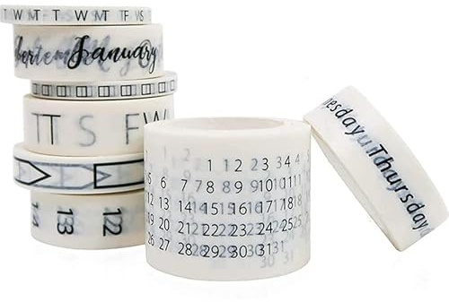 LiuliuBull Set Of 8 Calendar Washi Tape Set, Date Day Week Month Number Calendar Washi Masking Tape, Masking Tape For Arts Crafts Journal Planner