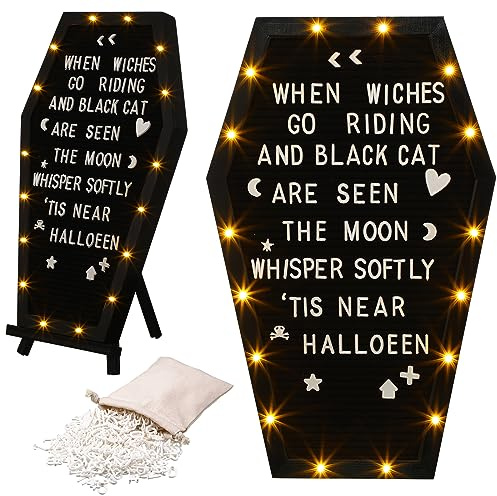 Colarr Coffin Black Felt Letter Board Built in LED Lights with Stand Halloween Decor, 500+ Characters White Precut Halloween Letter Board Home Decor with Linen Storage Bag 16.54 x 10.47 Inch