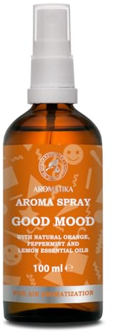 Aromaspray Gute Laune 100ml - Aromatherapie Raumspray mit - Ätherisches Orangenöl Pfefferminzöl und Zitronenöl - Spray zur Aromatisierung - Raumnebel - Kissen- und Leinenspray - Duftspray