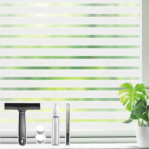 Qualsen Window Film Privacy Film for Glass Windows, Frosted Window Films Stripe Patterned, Non Adhesive Static Cling Windows Cover for Office, Home, Kitchen (30 x 200 cm, Medium Stripe)