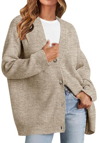 MEROKEETY Women's Cardigan Sweaters 2025 Fall Open Front Oversized Button V Neck Loose Soft Knit Outwear, Cashmere, M