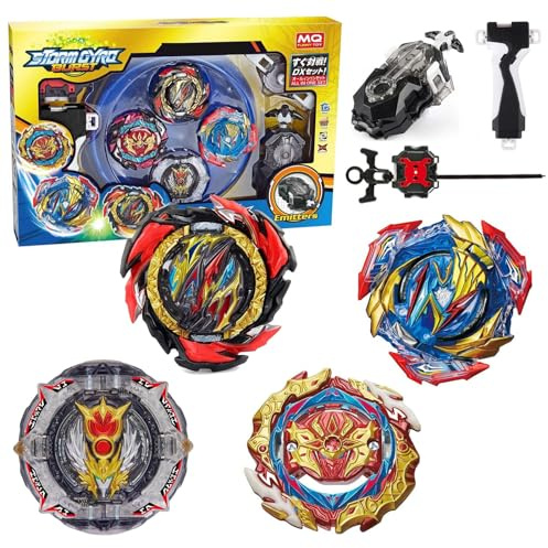 Desamvap Bey Brust Kampfkreisel Set, 4 Metal Fusion Battling Tops 2 L/R Two Way Starters mit Launcher Griff Combat Battling Tops Set with Arena Geschenk für Kinder